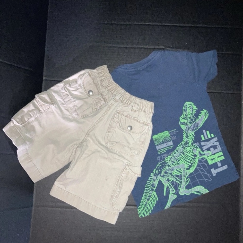 Blue T‑Shirt with Green Dino Graphic & Khaki lands End Cargo Shorts
